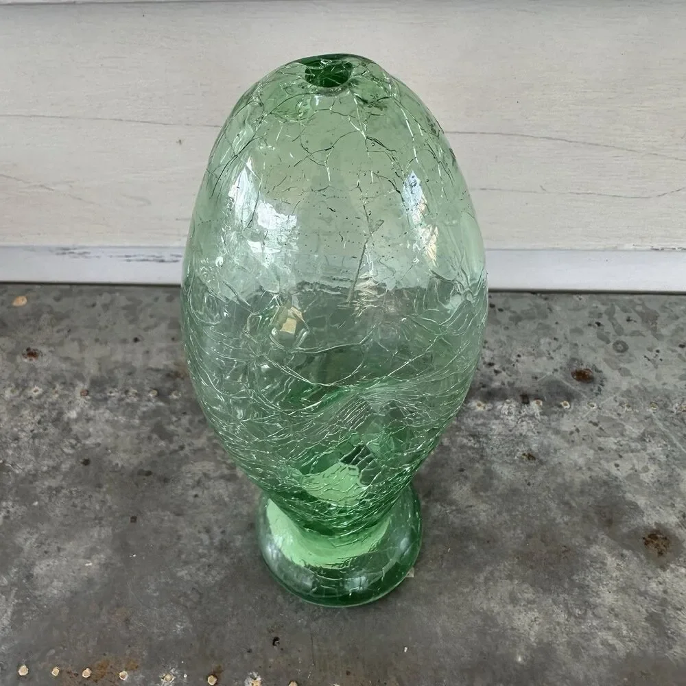 Vintage Pier 1 Green Crackle Glass Oil Lamp Base Vessel Urn Candle Holder 8”